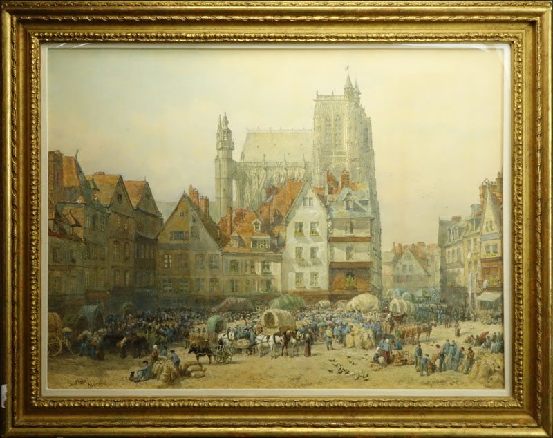 Samuel John Hodson, British (1836-1908) Watercolor on paper "La Place Abbeville" Signed lower right, titled lower left