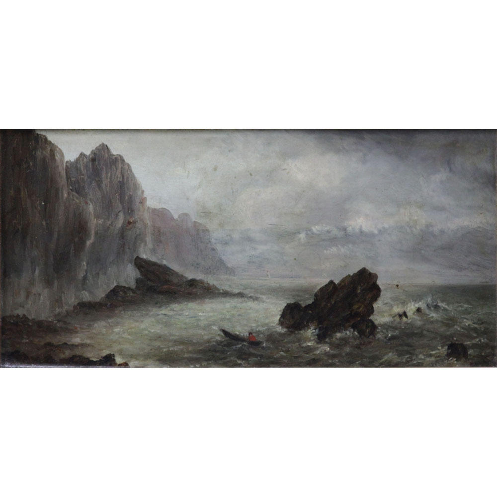 19th Century English School Oil on Wood Panel "Row Boat/Seascape with Rocks" Scene