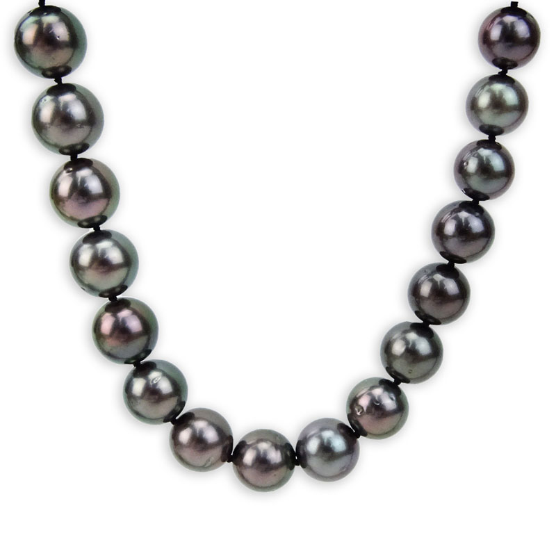 Single Strand Graduated Tahitian Grey Pearl Necklace with 14 Karat White Gold and Diamond Ball Clasp