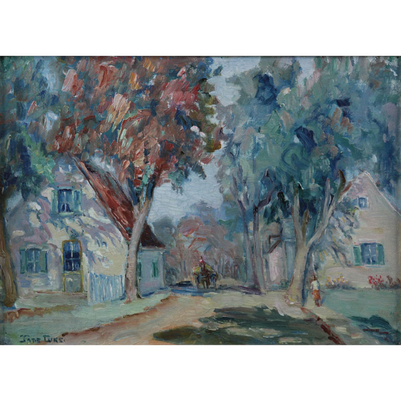 Jane Corbus Luke, American (b-1881) Oil on Board "Streetscape" Signed Lower Left