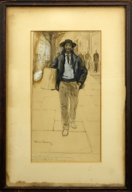 Thomas Fogarty, American  (1873-1938) "Man with Bundle" Watercolor and Gouache on Paper Signed Lower Left