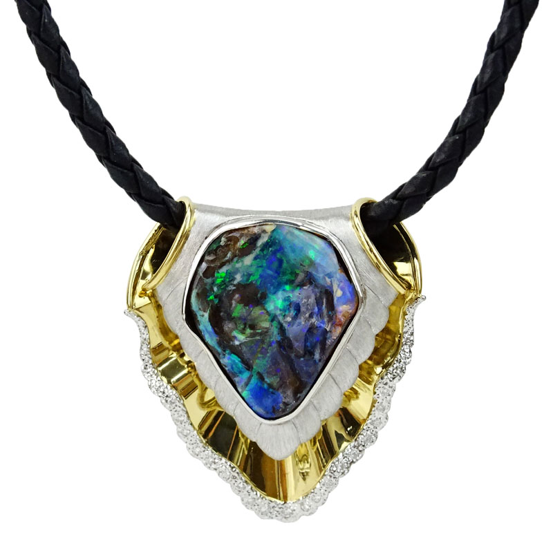 Large Black Opal, Platinum and 18 Karat Yellow Gold Pendant Necklace accented with Round Brilliant Cut Diamonds and suspended by Braided Leather Necklace