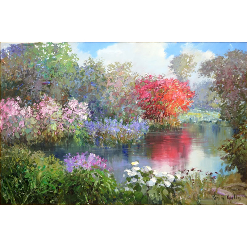 Kent Wallis, American (born 1945) Oil on canvas "Summer Blooms On The Lake"