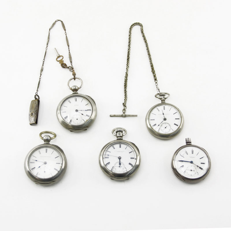 Grouping of Five (5) Antique or Vintage Open Face Pocket Watches