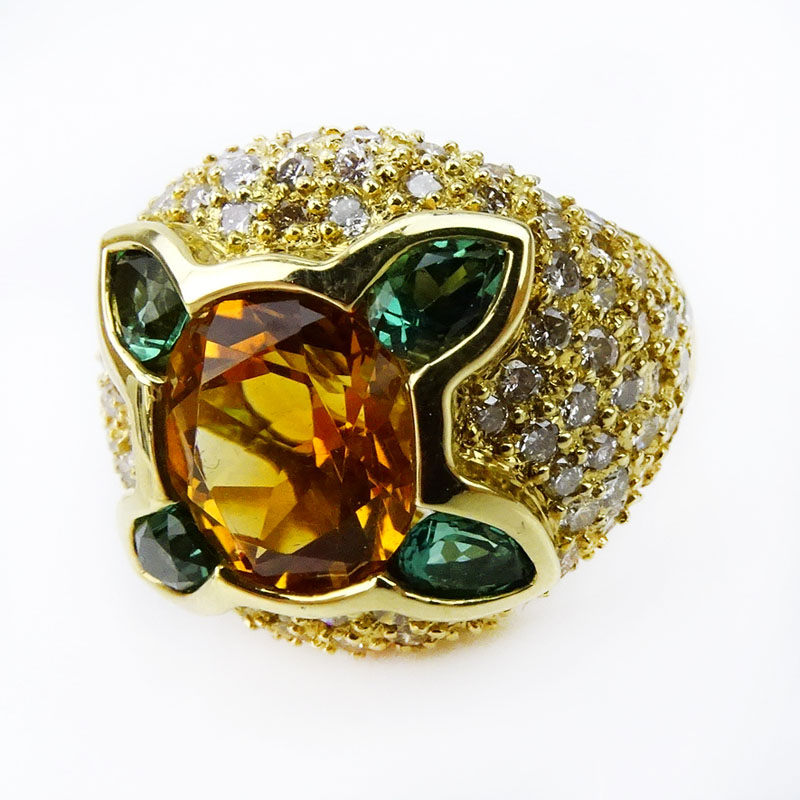 Oval Cut Citrine, Tsavorite Garnet, Pave Set Diamond and 18 Karat Yellow Gold Ring