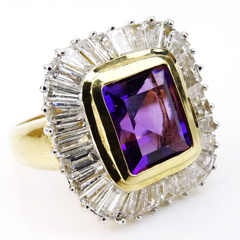 Emerald Cut Amethyst, Baguette Cut Diamond and 14 Karat Yellow Gold Ring