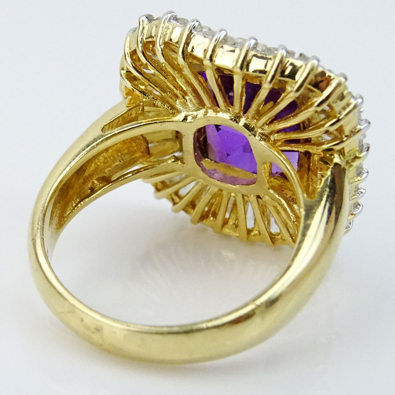 Emerald Cut Amethyst, Baguette Cut Diamond and 14 Karat Yellow Gold Ring