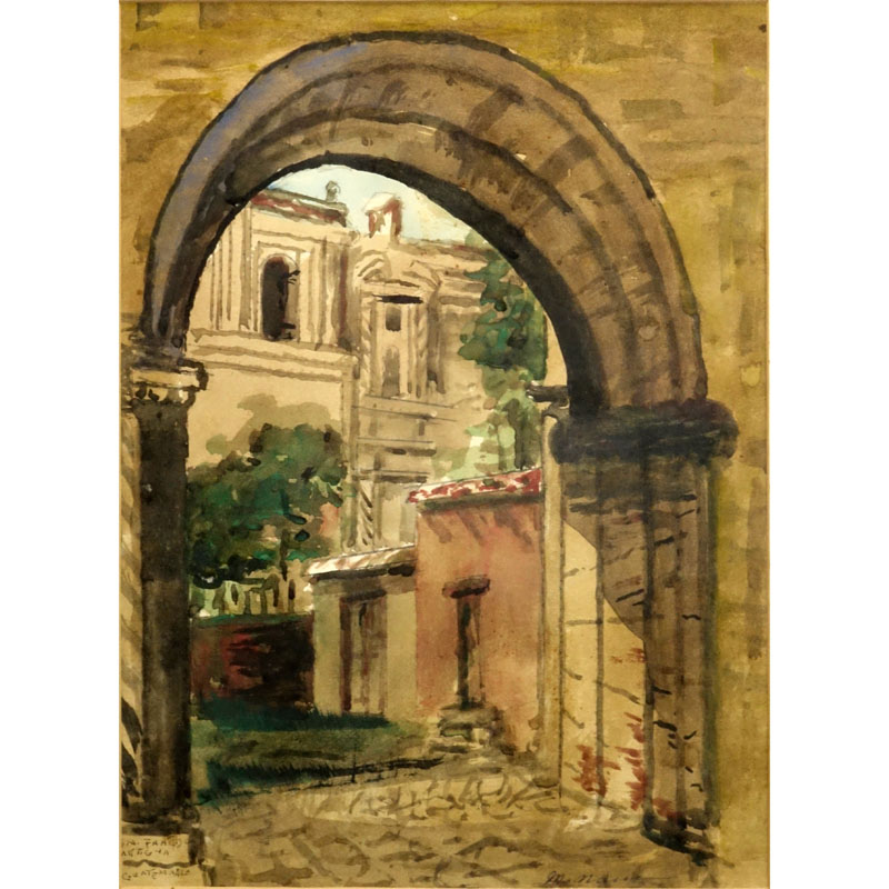 20th Century Antigua Guatemalan Watercolor "Archway" Pencil Signed Lower Right