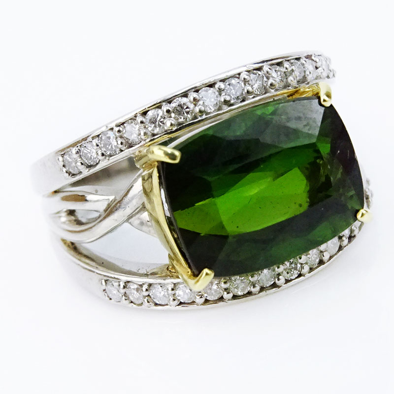 5.13 Carat Cushion Cut Tourmaline, Platinum and 18 Karat Yellow Gold Ring