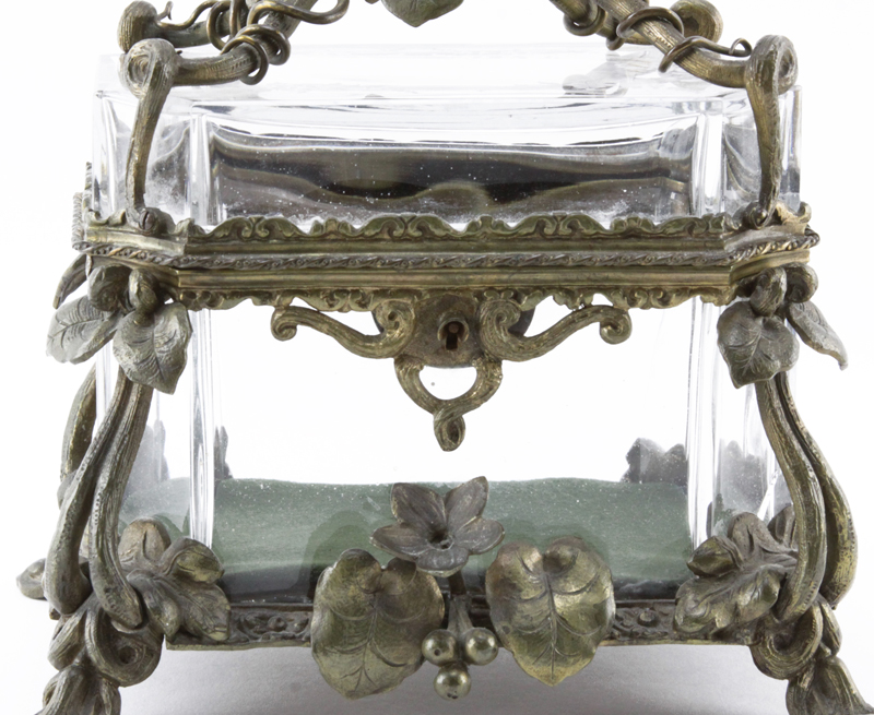 Antique Bronze and Etched Crystal Jewelry Casket