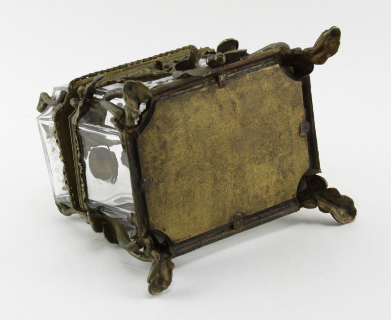 Antique Bronze and Etched Crystal Jewelry Casket