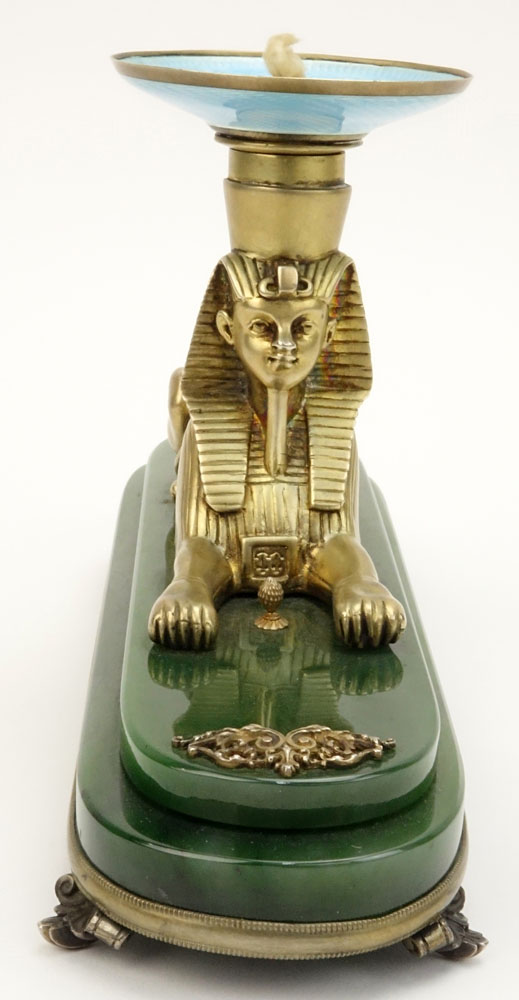 20th Century Russian Egyptian Revival Nephrite Jade, 88 Silver and Guilloche Enamel Figural Sphinx Desk Lighter