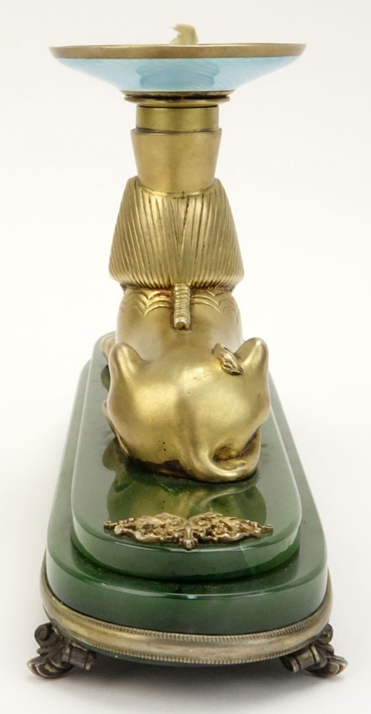 20th Century Russian Egyptian Revival Nephrite Jade, 88 Silver and Guilloche Enamel Figural Sphinx Desk Lighter