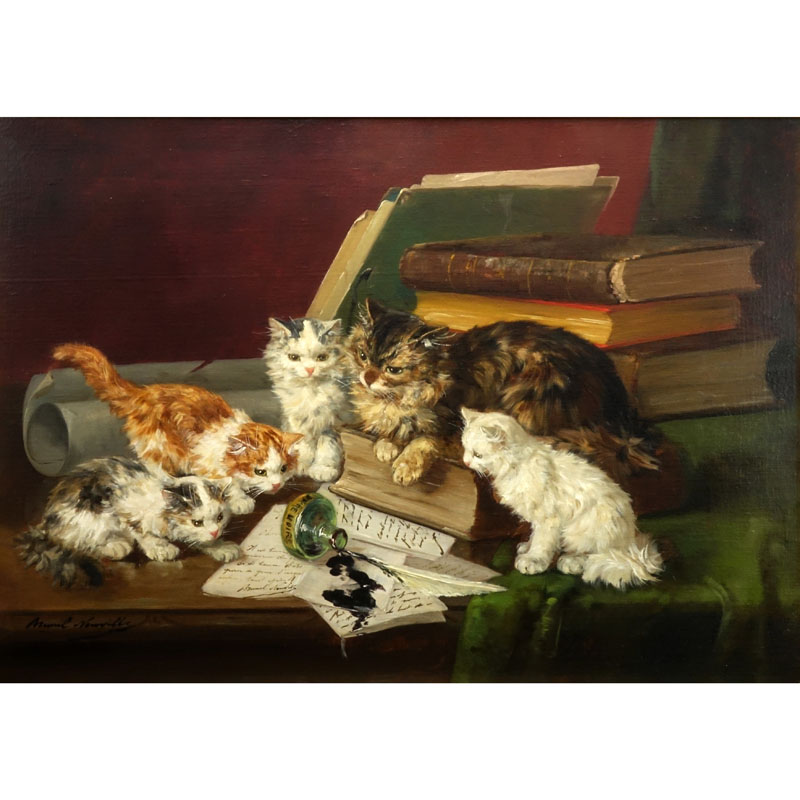 Alfred Arthur Brunel de Neuville, French (1852-1941) Oil on canvas "Mischievous Kittens"