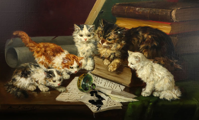 Alfred Arthur Brunel de Neuville, French (1852-1941) Oil on canvas "Mischievous Kittens"