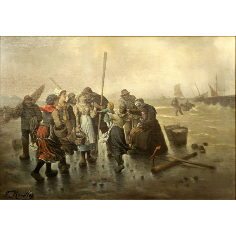 Fr. Noville (19th C) Large Oil On Canvas "Return Of The Fishermen"