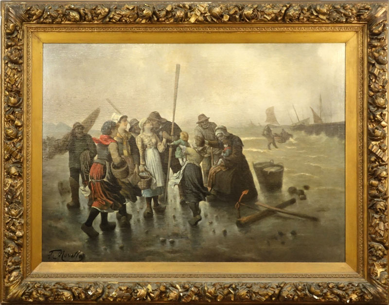 Fr. Noville (19th C) Large Oil On Canvas "Return Of The Fishermen"