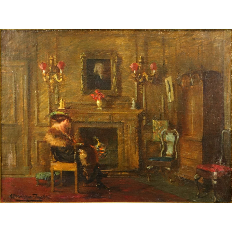 Albert Chevallier Tayler, British (1862-1925) Oil on canvas "Interior With Woman Seated By The Fire"