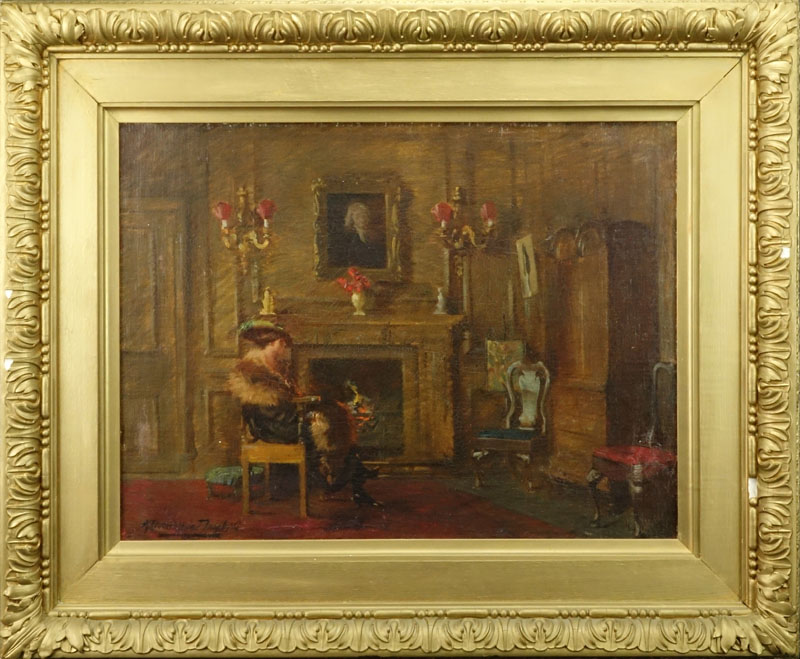 Albert Chevallier Tayler, British (1862-1925) Oil on canvas "Interior With Woman Seated By The Fire"