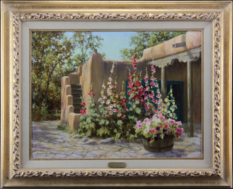 Grant Macdonald, American  (b.1944) Oil on canvas "Hollyhocks and Petunias" 