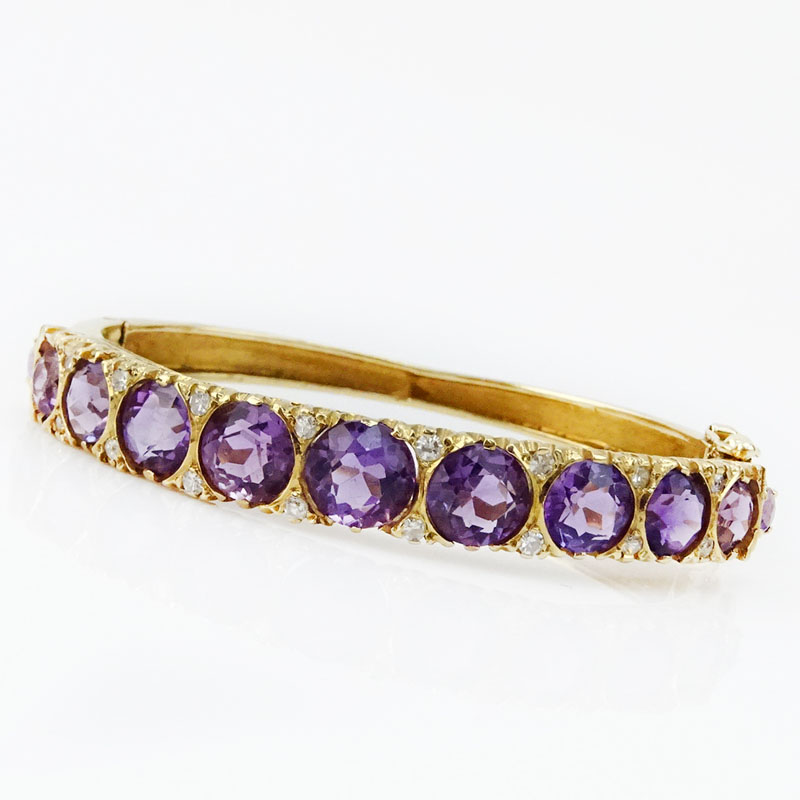 Vintage Round Cut Amethyst, Diamond and 14 Karat Yellow Gold Hinged Bangle Bracelet