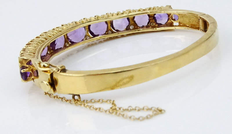 Vintage Round Cut Amethyst, Diamond and 14 Karat Yellow Gold Hinged Bangle Bracelet