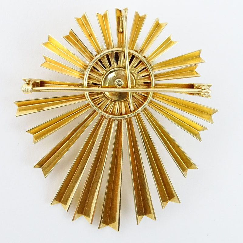 1.50 Carat European Cut Diamond, Pearls and 14 Karat Yellow Gold Sunburst Pendant/Brooch. 