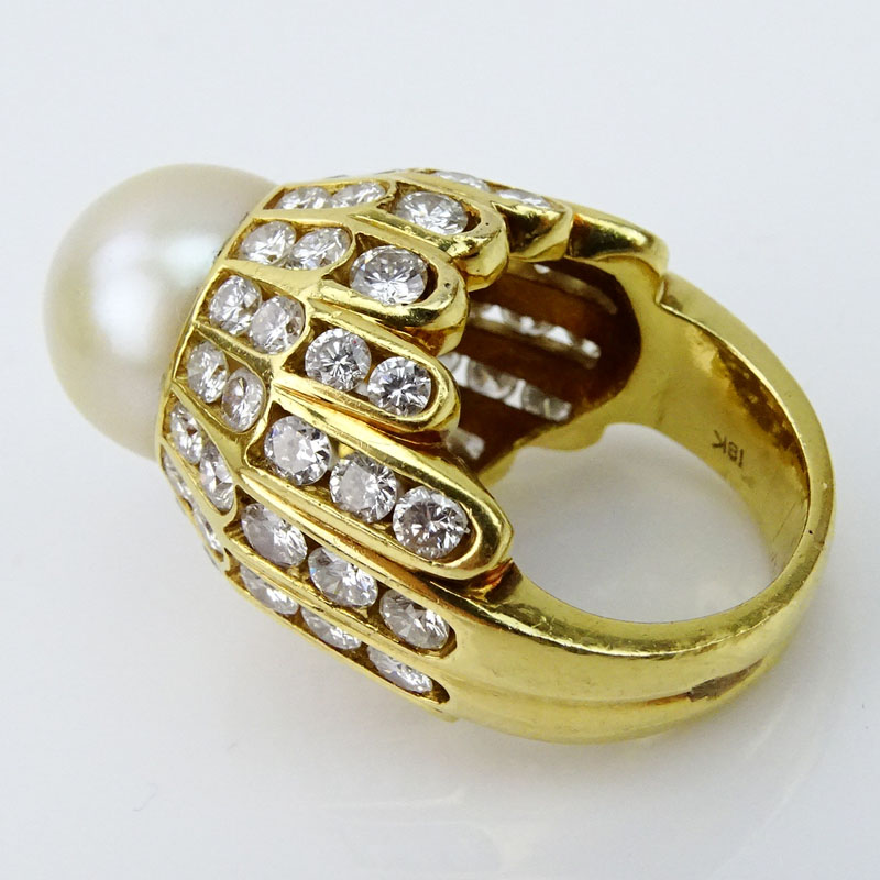 14mm South Sea White Pearl, approx. 7.0 Carat Round Brilliant Cut Diamond and 14 Karat Yellow Gold Ring. 