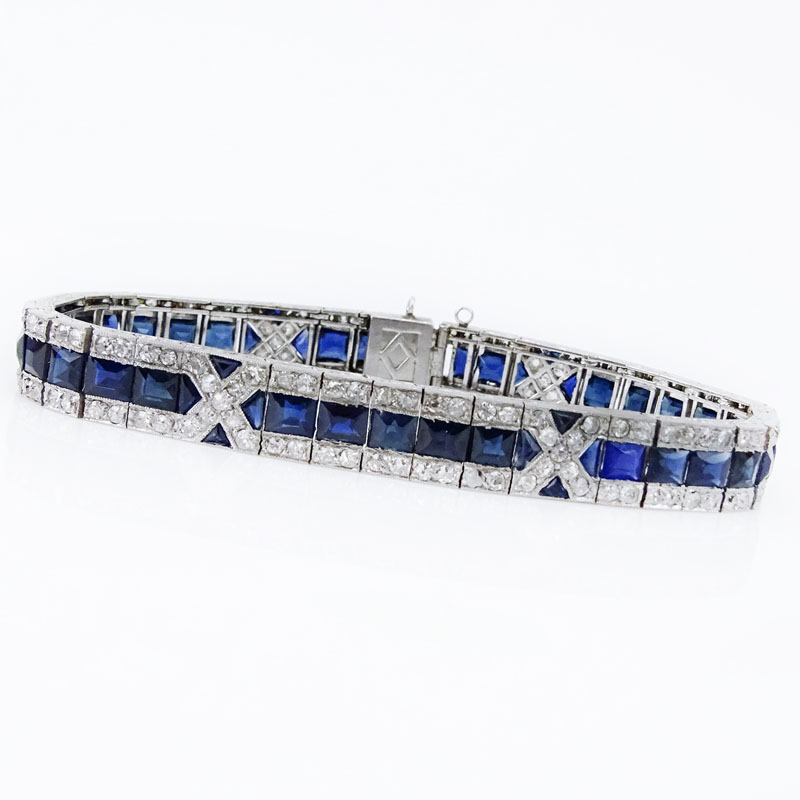 Circa 1920 Art Deco French Cut Sapphire, Old European Cut Diamond and Platinum Bracelet