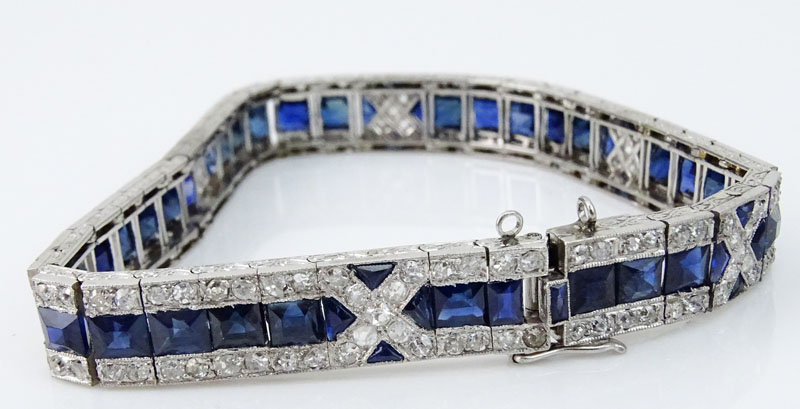 Circa 1920 Art Deco French Cut Sapphire, Old European Cut Diamond and Platinum Bracelet