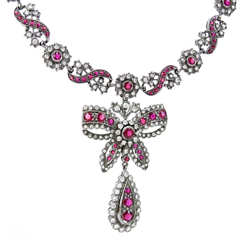 Antique Style Ruby, Diamond and 18 Karat Blackened White Gold Pendant (detachable) Necklace