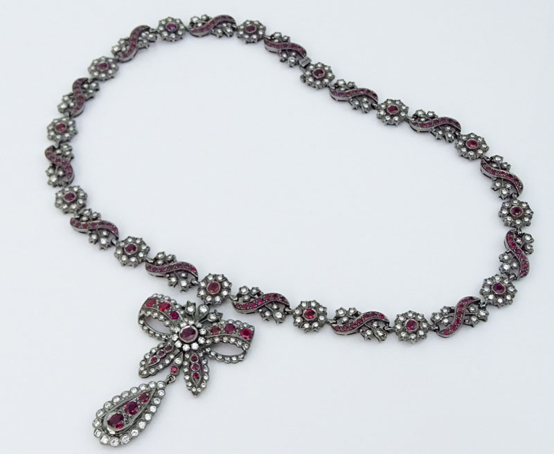 Antique Style Ruby, Diamond and 18 Karat Blackened White Gold Pendant (detachable) Necklace