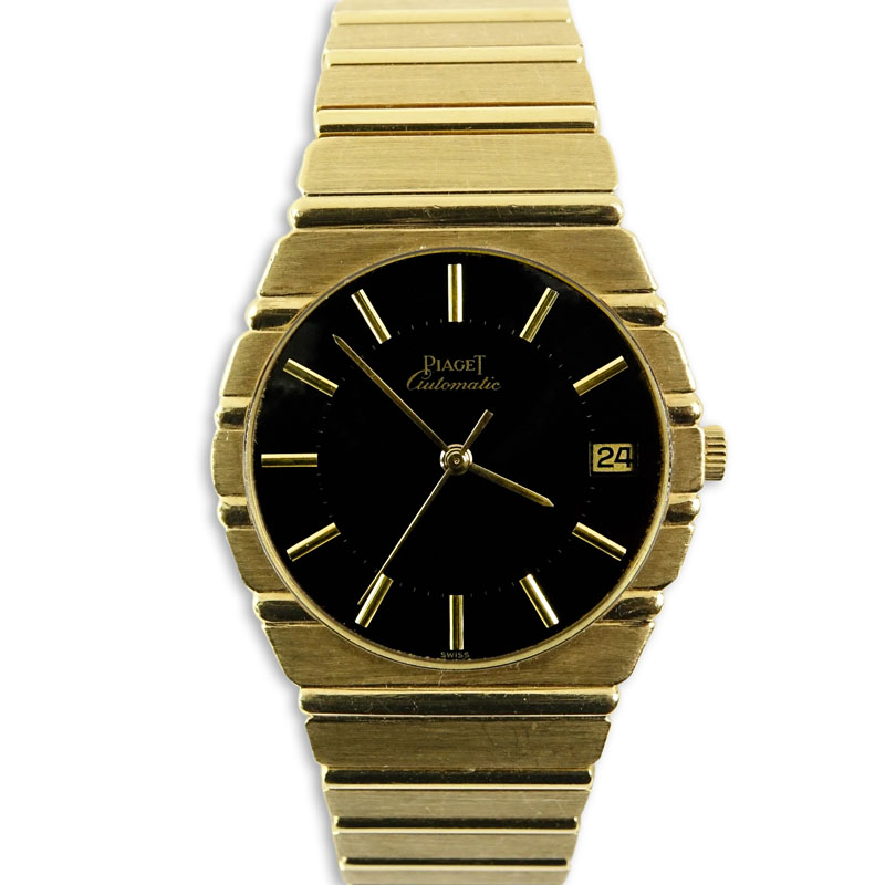 Man's Vintage Piaget Heavy 18 Karat Yellow Gold Bracelet Watch with Black Dial and Automatic Movement