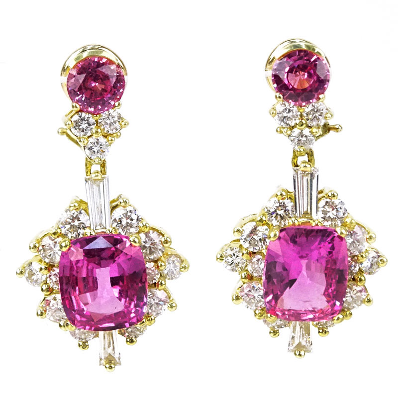 AGL Certified 4.45 and 4.10 Carat Cushion Cut Pink Sapphire, 4.0 Carat Diamond and 14 Karat Yellow Gold Earrings