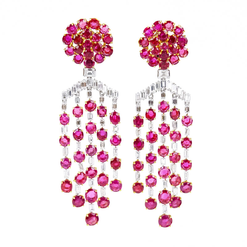 Superb Pair of Approx. 31.15 Carat Gem Quality No Heat Burma Ruby, 6.04 Carat Emerald Cut Diamond, Platinum and 18 Karat Yellow Gold Chandelier Earring