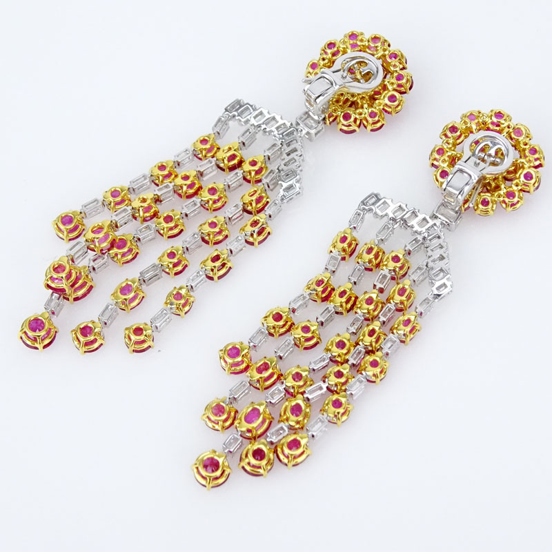 Superb Pair of Approx. 31.15 Carat Gem Quality No Heat Burma Ruby, 6.04 Carat Emerald Cut Diamond, Platinum and 18 Karat Yellow Gold Chandelier Earring