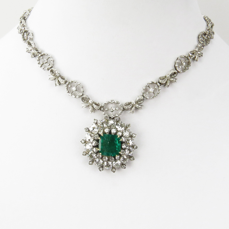 Antique Victorian Approx. 7.25 Carat Colombian Emerald, 17.75 Carat Old European Cut Diamond, 18 Karat Yellow Gold and Silver Pendant Necklace.