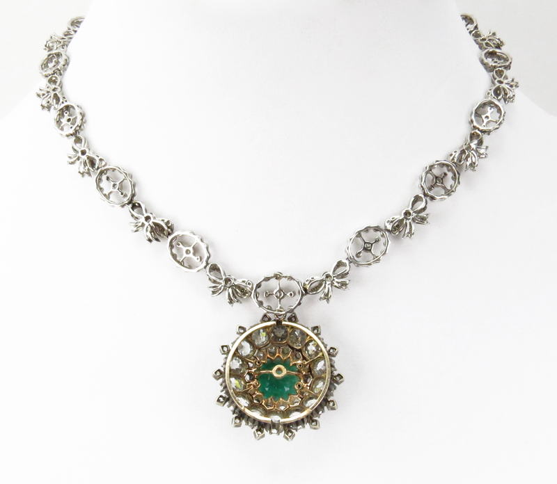 Antique Victorian Approx. 7.25 Carat Colombian Emerald, 17.75 Carat Old European Cut Diamond, 18 Karat Yellow Gold and Silver Pendant Necklace.