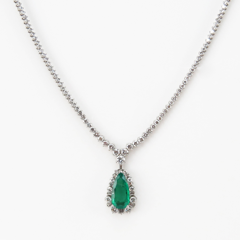 AGL Certified 7.34 Carat Pear Shape Colombian Emerald, 13.75 Carat Diamond and Platinum Pendant Necklace