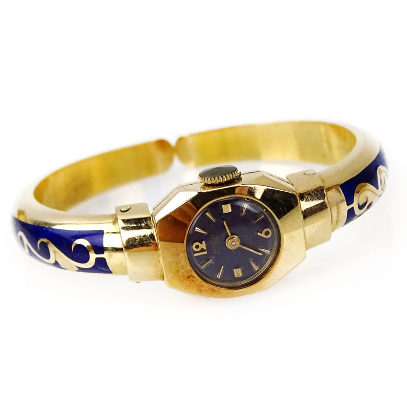 Lady's Vintage Delicate 18 Karat Yellow Gold and Enamel Swiss Niga Cuff Bangle Manual Movement Watch