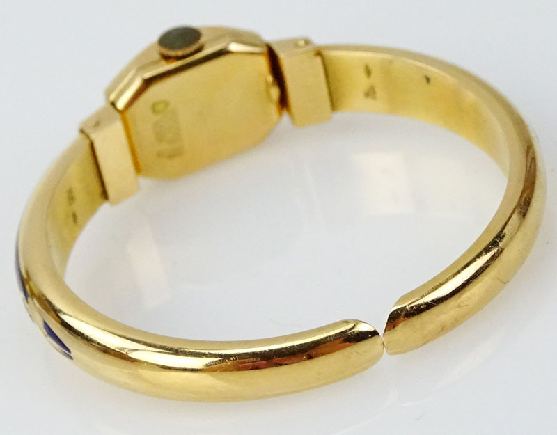 Lady's Vintage Delicate 18 Karat Yellow Gold and Enamel Swiss Niga Cuff Bangle Manual Movement Watch