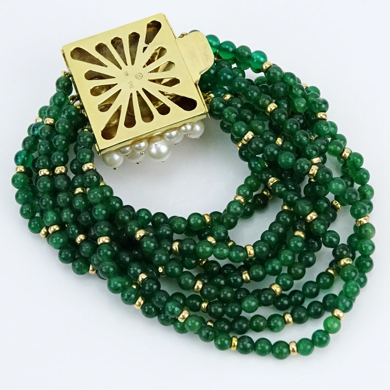 Circa 1950s Ten (10) Strand Emerald Bead, Pearl and 18 Karat Yellow Gold Bangle Bracelet