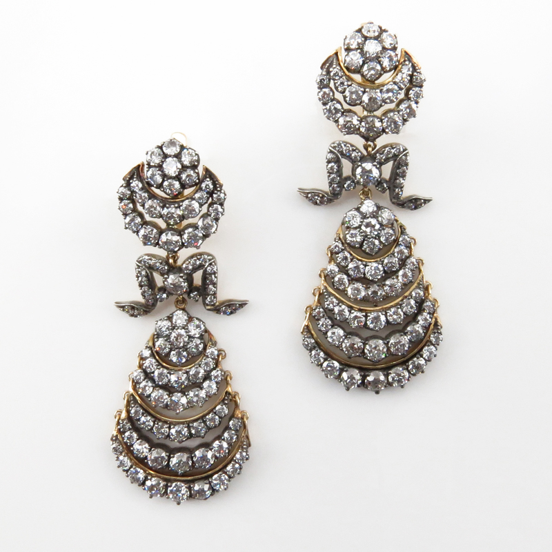 Fabulous Mid 20th Century Russian Approx. 15.0 Carat Old European Cut Diamond and 14 Karat Gold Chandelier Earrings