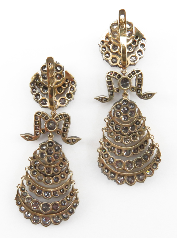 Fabulous Mid 20th Century Russian Approx. 15.0 Carat Old European Cut Diamond and 14 Karat Gold Chandelier Earrings