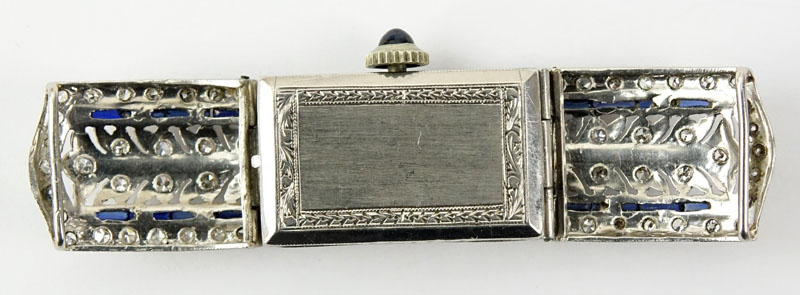 Circa 1920s Lady's Tiffany & Co Art Deco Single Cut Diamond, Platinum Filigree and Sapphire Watch with Manual Movement