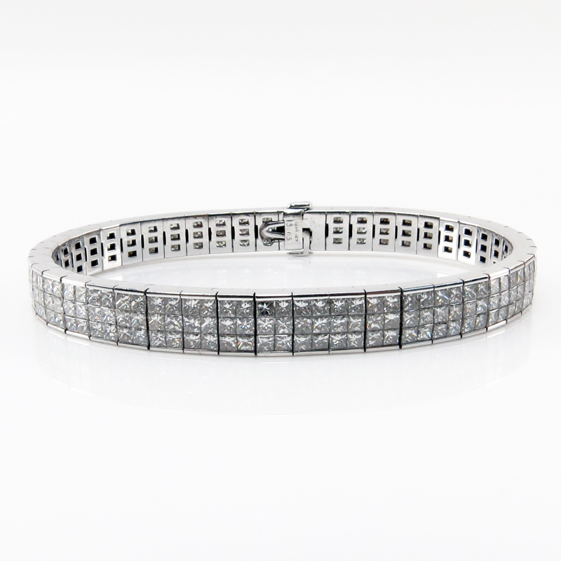 Superb Quality Approx. 13.03 Carat Invisible Set Princess Cut Diamond and 18 Karat White Gold Bracelet.