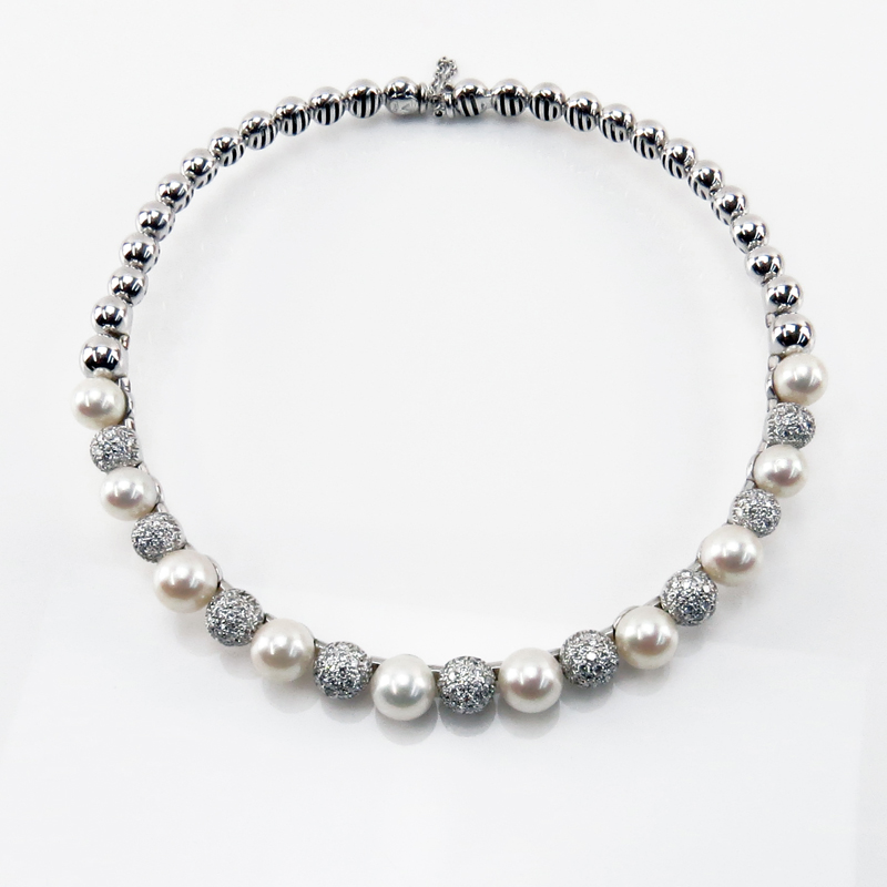 Stefan Hafner Micro Pave Set Diamond, Pearl and 18 Karat White Gold Flexible Choker Necklace