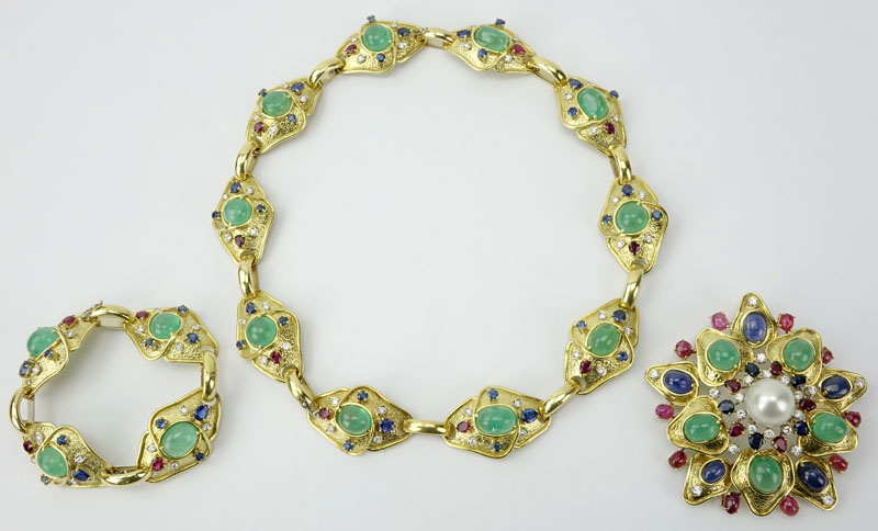 Circa 1960s Paul Flato Exquisite and Unique Custom Made Approx. 87.0 TW Carat Cabochon Emerald and Sapphire