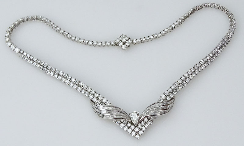 Approx. 27.0 Carat TW Diamond and 18 Karat White Gold Bib Necklace Set in the center with a 1.06 Carat Pear Shape Diamond