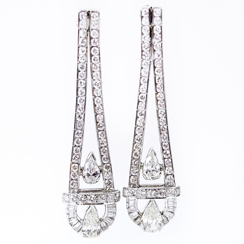 7.80 Carat Pear Shape, Round Brilliant and Baguette Cut Diamond and Platinum Chandelier Earrings.